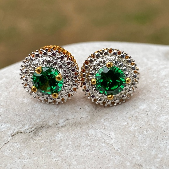 Emerald CZ drop earrings converts to studs or dangle halo gold tone - Picture 5 of 14